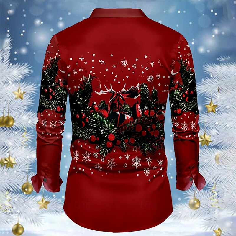 Christmas Men's Satin Shirt Dress Shirt Long Sleeve Fashion Casual Vacation Party Evening Wear Dailywear Summer Spring Fall Collared Shirts 3D Print Red3