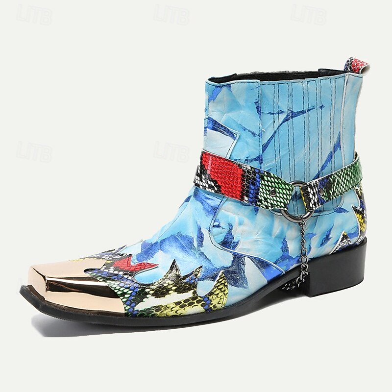 Men's Premium Cowhide Leather Ankle Boots – Colorful Snake Print and Metallic Toe Western Style Motorcycle Boots2