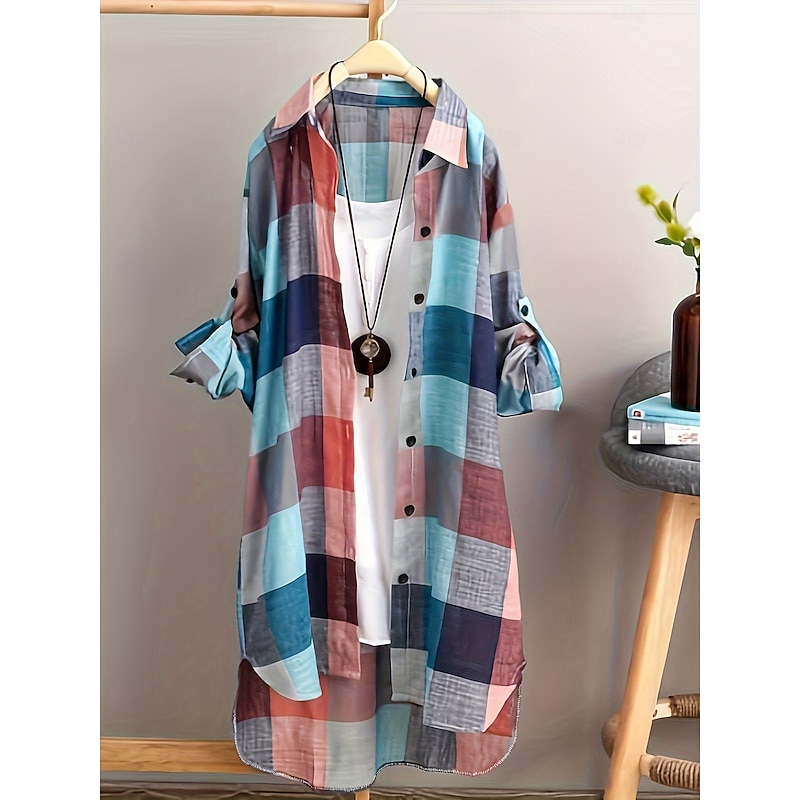 Women's Plus Size Tunic Shacket Plaid Daily Long Sleeve Shirt Collar Casual Holiday Buttons Black Pink Blue All Seasons