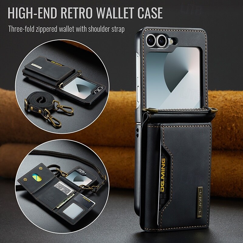 Phone Case For Z Flip 7 Z Flip 6 Z Flip 5 Z Flip 4 Z Flip 3 Back Cover with Stand Holder with Lanyard Card Slot Retro TPU PU Leather3