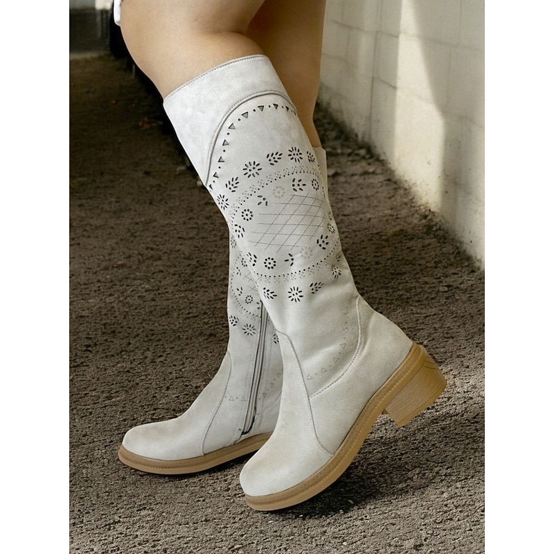 Women's Grey Embroidered Western Cowboy Boots with Laser Cut Detailing – Vintage Style Mid-Calf Riding Boots for Casual and Outdoor Wear2