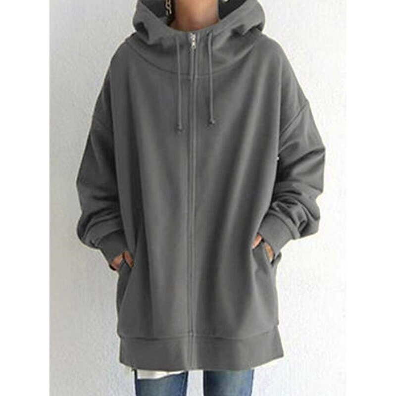 Women's Hoodie Jacket Warm Breathable Zipper Pocket Casual Plain Vacation Street Daily Wear Going out Zipper Long Hoodie Regular Fit Long Sleeve Outerwear Black Red Khaki Fall Winter