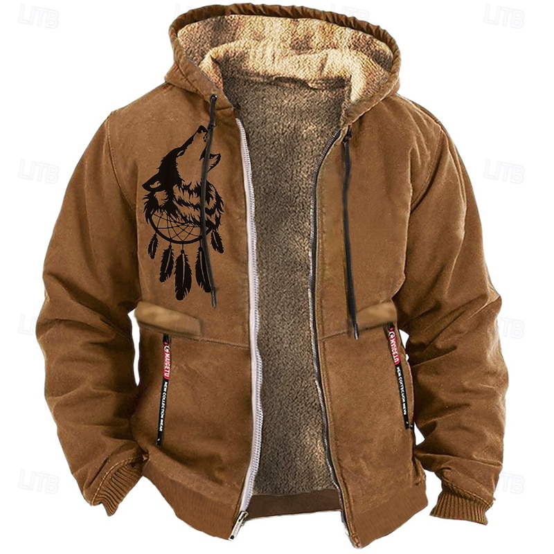 Men's Wolf Fleece Hoodies Long Sleeve Sweatshirts  Hooded Daily Hunting Fall Winter Black Blue Brown Clothing Apparel Designer Graphic Print S M L XL XXL XXXL