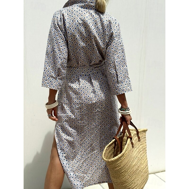 Women's Shirt Dress Geometric Stripe Button Print V Neck Long Dress Maxi Dress Elegant Daily Half Sleeve Winter2