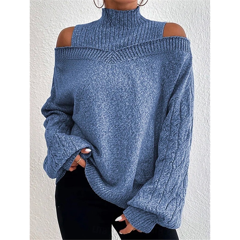 Women's Sweater Pullover Sweater Jumper Casual Soft Pure Color Ribbed Turtleneck Knitted Cold Shoulder Long Sleeve Regular Tops Knit Outdoor Daily Weekend Black Blue Fall Winter3