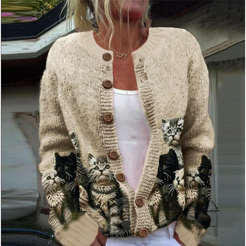 Women's Cardigan Sweater Knitted Ribbed Button Front Round Neck Long Sleeve Lightweight female Daily Graphic Crew Neck Print Regular Tops Knit Weekend Pink Khaki Fall Winter