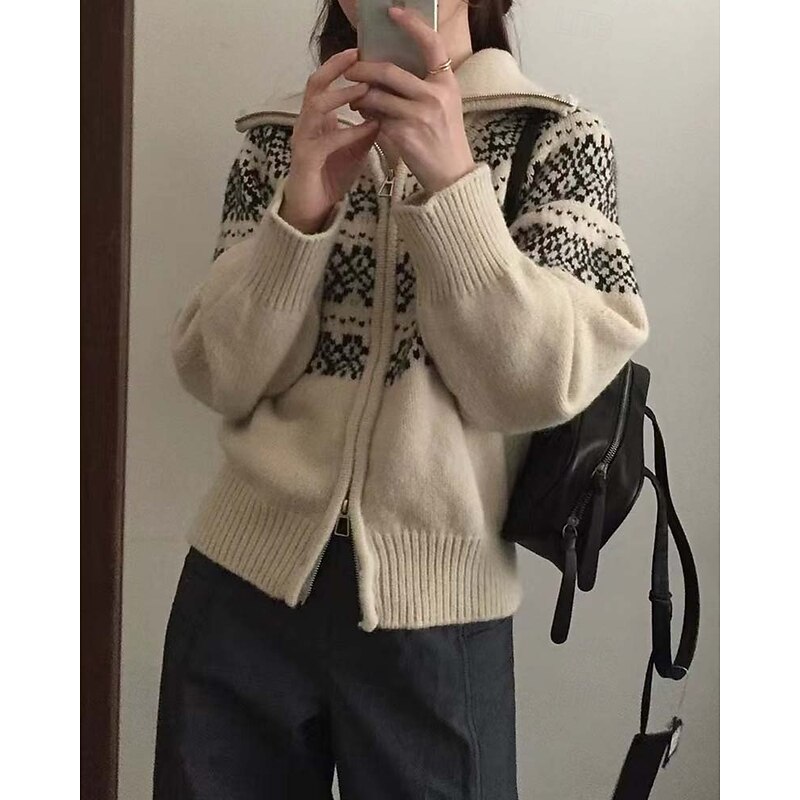 Women's Sweater Jacket Streetwear Casual Geometric Turtleneck Knitted Long Sleeve Regular Tops Knit Weekend Beige Fall Winter3