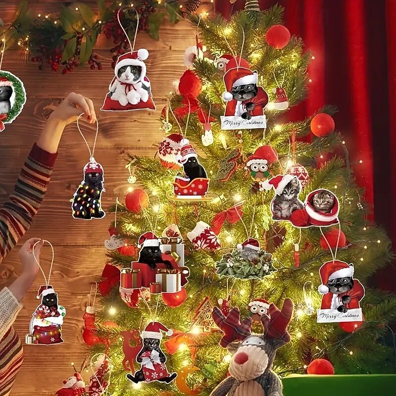 24pcs Wooden Black Cat Christmas Ornaments, Holiday Hanging Decorations for Thanksgiving, Halloween, and More, Multifunctional Seasonal Pendants Perfect for Cat Lovers and Festive Gifts2