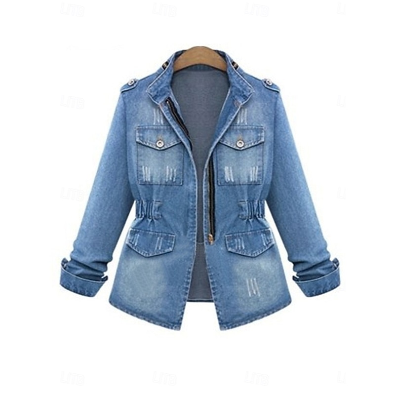Women's Denim Jacket Outdoor Street Daily Wear Fall Winter Regular Coat Regular Fit Thermal Warm Breathable Stylish Casual Jacket Long Sleeve Solid Color with Pockets Blue