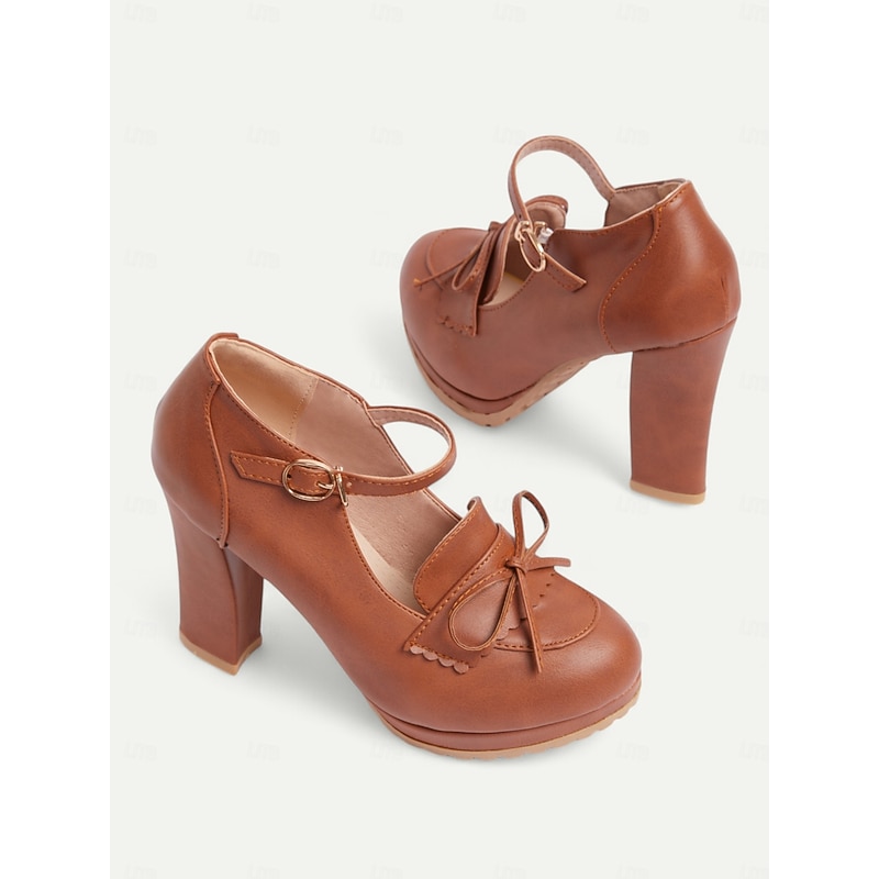 Women's Vintage Brown Mary Jane Pumps - Chunky Heel Platform Shoes with Bow Detail, Ideal for Retro and Classic Outfits, Perfect for Office, Parties, and Special Occasions2