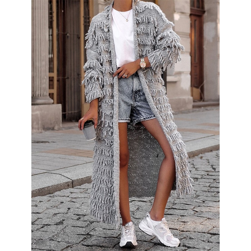 Women's Sweater Cardigan Casual Soft Pure Color Ribbed Open Front Tassel Knitted Long Sleeve Long Tops Knit Outdoor Daily Weekend Black Khaki Fall Winter3