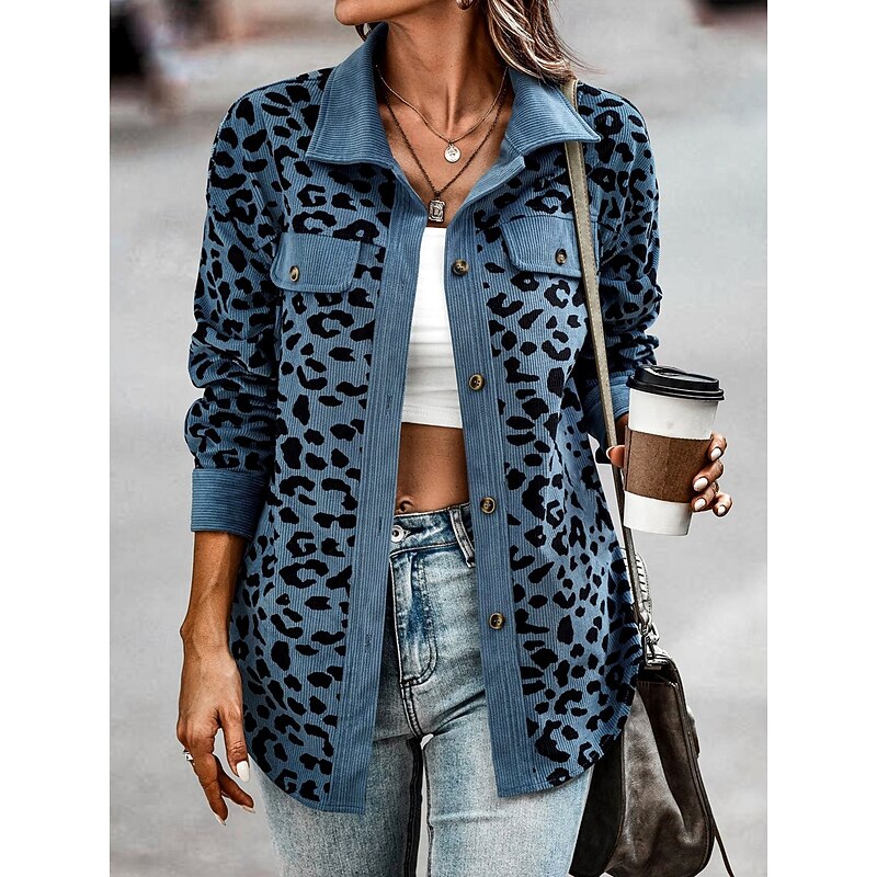 Women's Casual Jacket Outdoor Street Daily Wear Fall Winter Regular Coat Regular Fit Thermal Warm Breathable Stylish Casual Jacket Long Sleeve Leopard with Pockets Print Pink Blue Green3