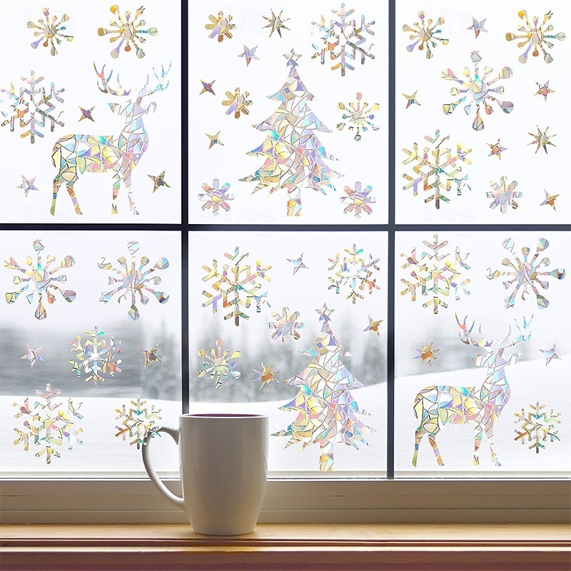 Christmas Window Stickers, Laser Glass Paper Sun Catchers, Colorful Rainbow Prism Christmas Snowflake Glass Decals, Anti-Collision Window Stickers2
