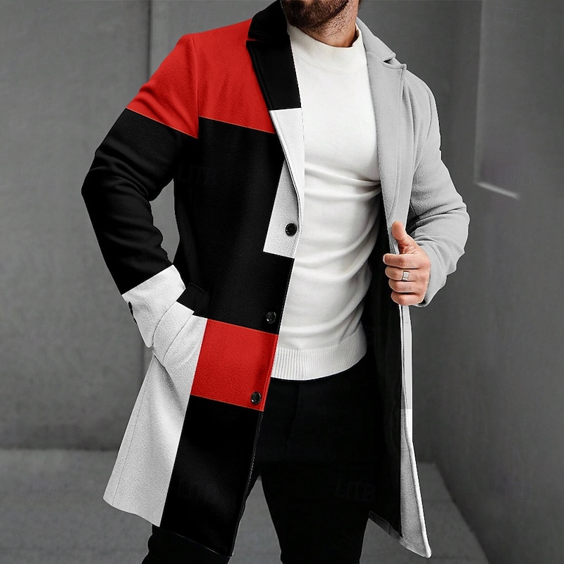 Men's Geometric Winter Coat Fleece Jacket Overcoat Thermal Comfortable Casual Party Evening Wear Street Daily Wear 3D Print Buttons Front Pocket Winter Turndown Long Sleeve Yellow Red Blue