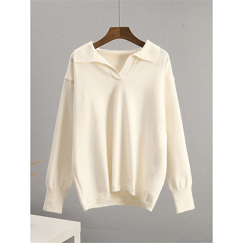 Women's Sweater Pullover Sweater Jumper Casual Soft Pure Color Ribbed Shirt Collar Knitted Long Sleeve Regular Tops Knit Outdoor Daily Weekend White Green Fall Winter 8