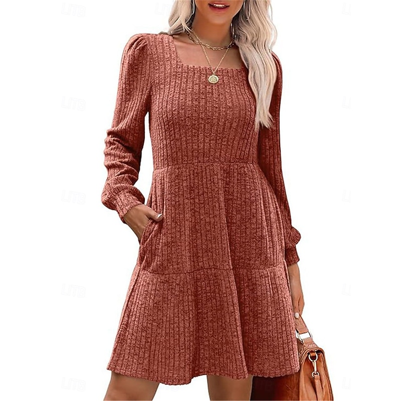 Women's Sweater Dress Casual Soft Pure Color Ribbed Square Neck Pocket Knitted Long Sleeve Long Tops Knit Outdoor Daily Weekend Brown Green Fall Winter