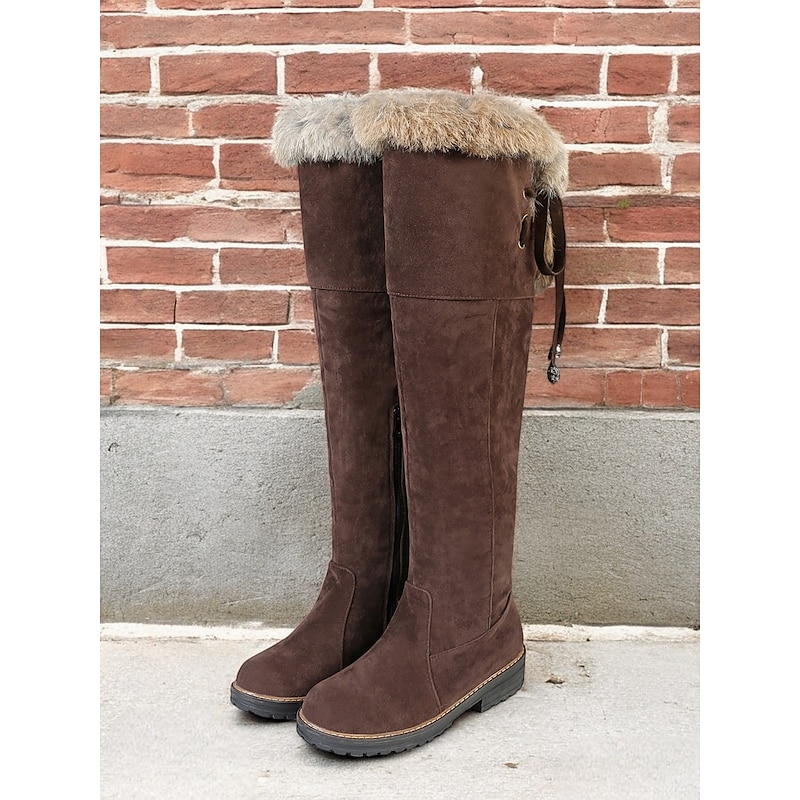 Women's Over-the-Knee Brown Faux Suede Boots with Faux Fur Trim – Cozy and Stylish Winter Footwear for Extra Warmth