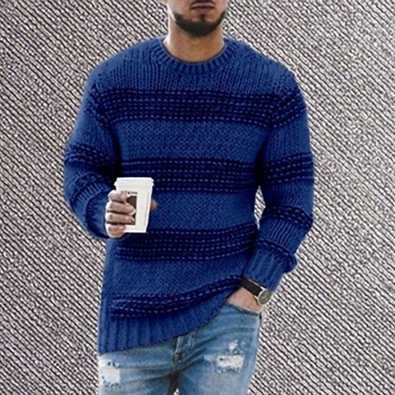 Men's Pullover Sweater Jumper Knit Sweater Ribbed Crochet Knit Regular Knitted Stripes Crew Neck Fashion Basic Daily Wear Date Clothing Apparel Fall & Winter Black Blue S M L3