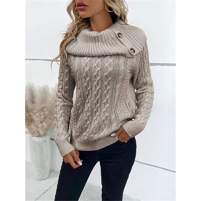 Women's Sweater Pullover Sweater Jumper Casual Soft Pure Color Ribbed Turtleneck Buttons Knitted Long Sleeve Regular Tops Knit Outdoor Daily Weekend Wine Khaki Fall Winter4