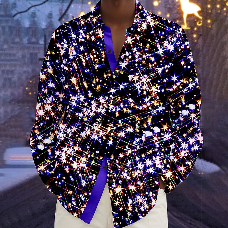 Christmas Men's Christmas Light Printed Shirts Sparkly Glittery Hawaiian Casual Button Up Beach Long Sleeve Party Evening New Years Eve Shirts Fall Winter Spring & Summer Collared Shirts 3D Print