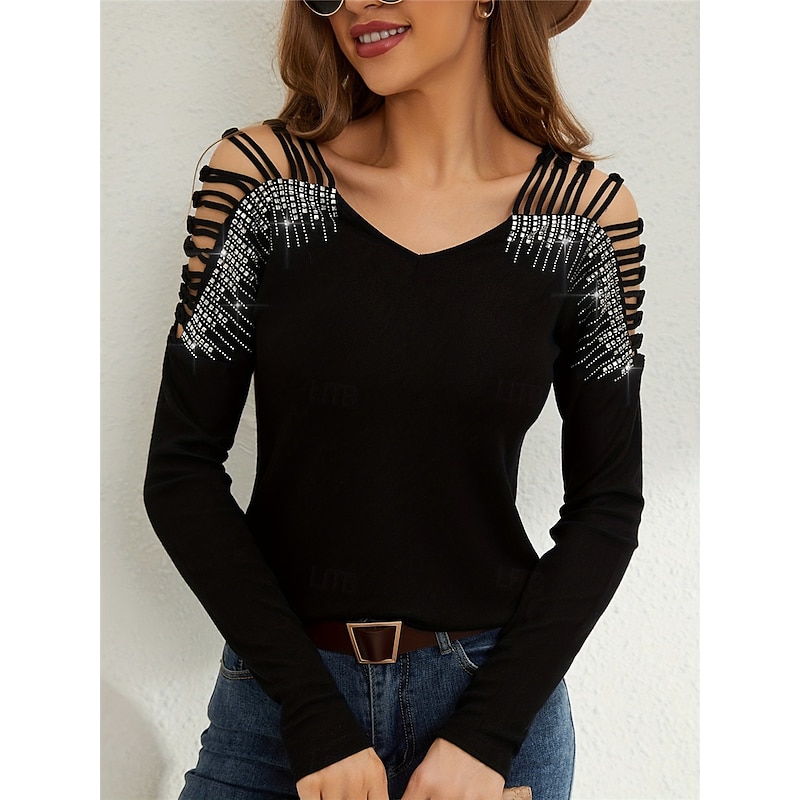 Women's Sequin Sparkly Party Glitter Plain Fashion Modern Casual Long Sleeve V Neck Regular Tops Daily Weekend Patchwork Cut Out Black Green Fall