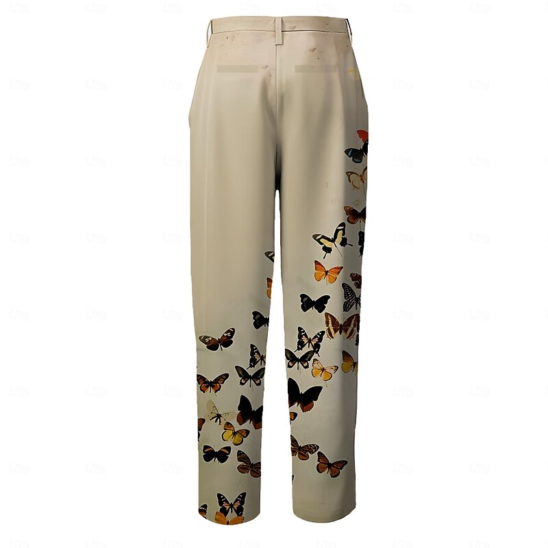 Men's Butterfly Dress Pants Mid Waist Business Casual Formal Dailywear Zipper Pocket Summer Spring Fall 3D Print khaki2