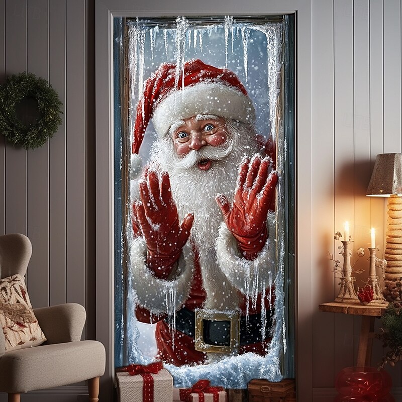 Christmas Door Decorations Door Covers Santa Claus Xmas Snow Door Tapestry Door Curtain Decoration Backdrop Indoor/Outdoor Door Banner for Front Door Farmhouse