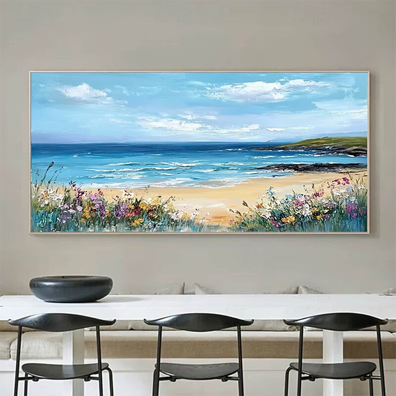 Sandy Sea Shore Flowers Blue Sky Hand Painted Wall Decor Living Room Acrylic Abstract Oil Painting Office Wall Art Textured Painting No Frame