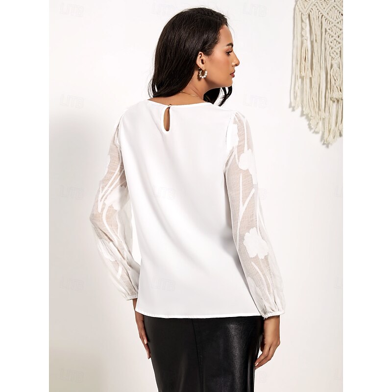 Women's Tunic Solid Color Modern Casual Long Sleeve Crew Neck Regular Tops Daily Patchwork White Spring Fall3