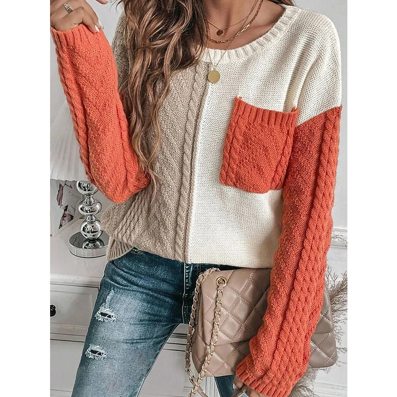 Women's Sweater Pullover Sweater Jumper Casual Soft Pure Color Cable Crew Neck Pocket Knitted Long Sleeve Regular Tops Knit Outdoor Daily Weekend Orange Green Fall Winter2