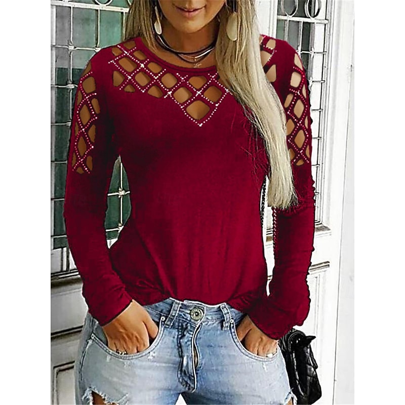 Women's T Shirt Plain Fashion Modern Casual Long Sleeve Crew Neck Regular Tops Daily Weekend Patchwork Cut Out Black Wine Gray Fall3