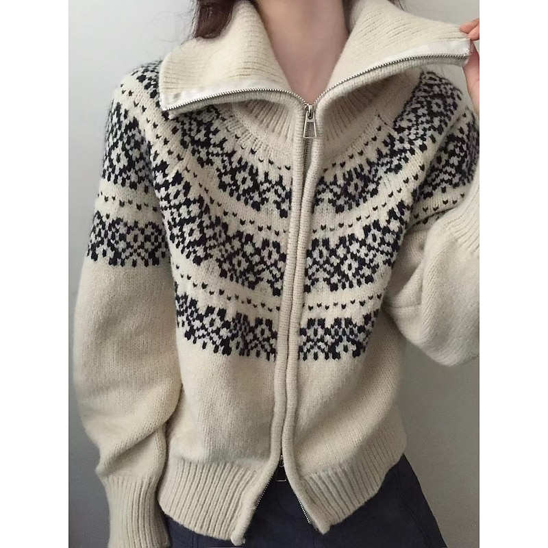 Women's Sweater Jacket Streetwear Casual Geometric Turtleneck Knitted Long Sleeve Regular Tops Knit Weekend Beige Fall Winter