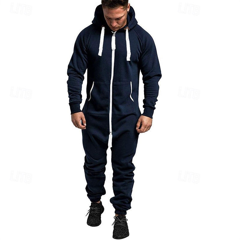 Men's Tracksuit Jumpsuit Sweatsuit Full Zip One-piece Color Block Athletic Clothing Set Fall Dark Grey Navy Gym Workout Jogging Running Thermal Warm Soft Long Sleeve Sport Activewear Micro-elastic4