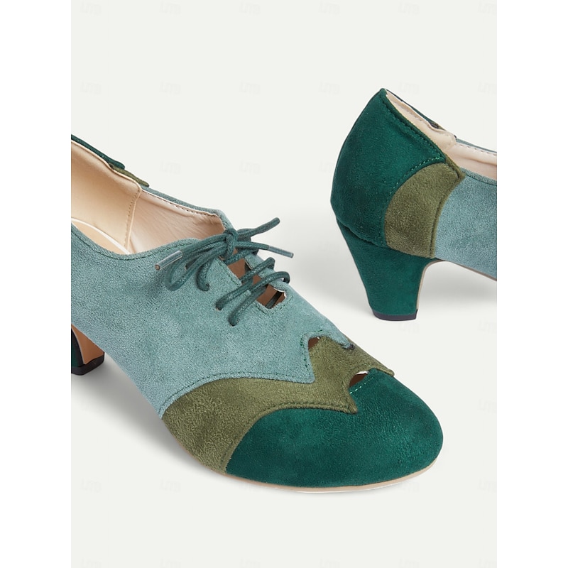Vintage Two-Tone Faux Suede Lace-Up Women's Oxford Shoes – Retro-Inspired Green and Teal Block Heel Shoes for Casual and Office Wear4