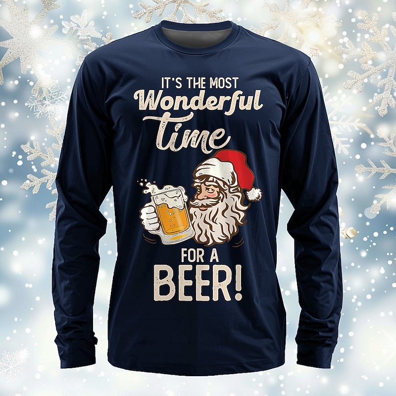 Christmas Men's Santa Claus Oktoberfest Beer T Shirt Long Sleeve T shirt 3D Print Crew Neck Shirt Daily Designer Festival Party Street Casual Black Burgundy Green Summer Spring Fall Clothing Apparel3