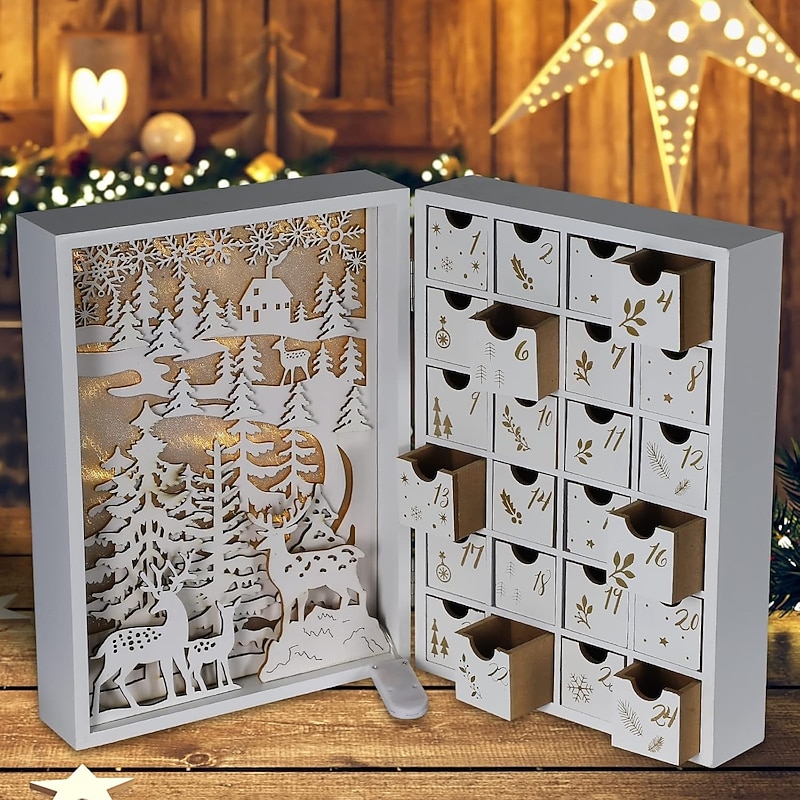 Christmas Wooden Advent Calendar Foldable Book with 24 Storage Drawers LED Wooden Advent Calendar Decoration with Christmas Tree House Reusable Xmas Countdown Calendar DIY for Adults Kids Gifts