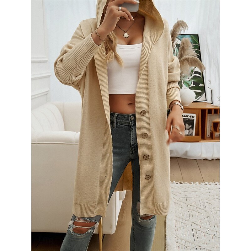 Women's Sweater Cardigan Casual Soft Pure Color Ribbed Hooded Buttons Pocket Knitted Long Sleeve Long Tops Knit Outdoor Daily Weekend Black Fuchsia Fall Winter