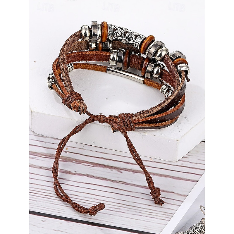Men's Boho Multi-Layer Leather Bracelet with Feather and Crescent Moon Charm – Vintage-Inspired Adjustable Wrap Bracelet for Casual Style4