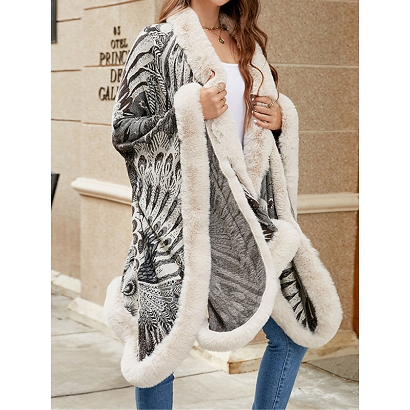 Women's Fleece Jacket Teddy Coat Cloak / Capes Warm Breathable Patchwork Faux Fur Trim Fleece Lined Casual Color Block Vacation Street Daily Wear Going out Open Front Regular Collarless Regular Fit4