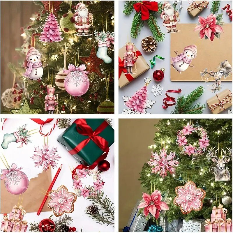 24pcs Christmas Wooden Pink Ornaments, Modern Love-Themed Pink Hanging Decorations for Xmas Trees, Perfect for Home Decor2