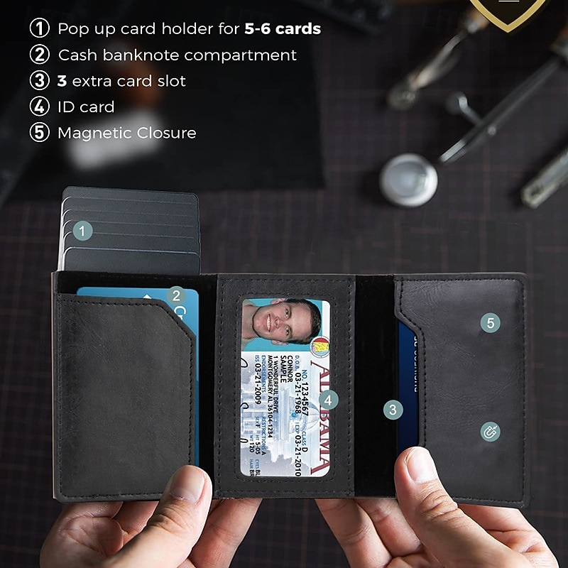 Slim Wallet for AirTag with Money Holder Multifunction Solid Color PU Leather Trifold Wallet with Card Slot ID Window RFID Technology Credit Card Holder4