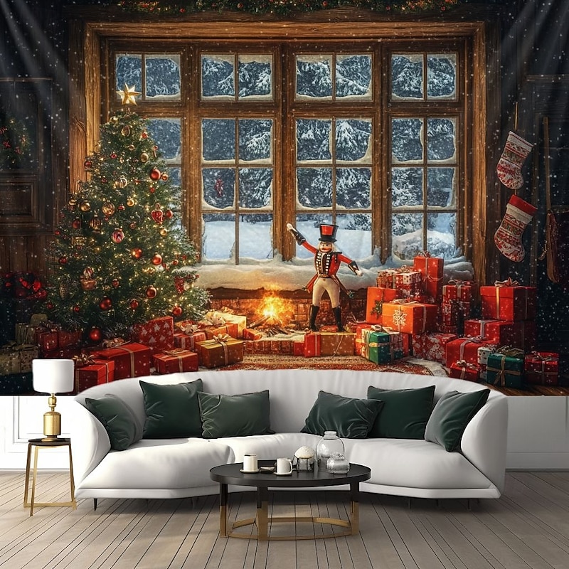 Christmas Decorations Hanging Tapestry Window View Xmas Nutcracker Wall Art Large Tapestry Mural Decor Photograph Backdrop Blanket Curtain Home Bedroom Living Room Decoration