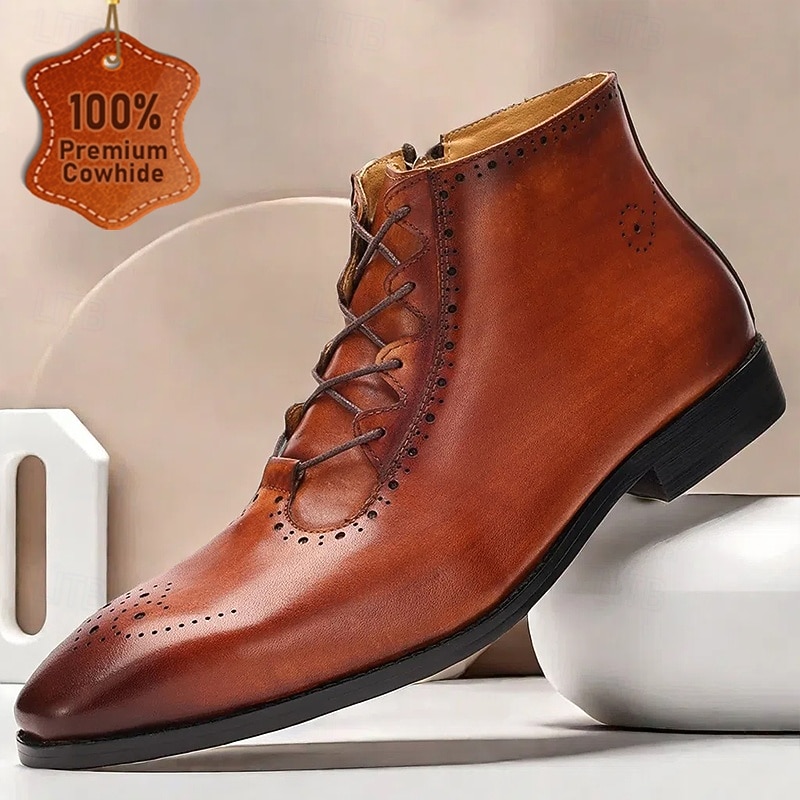 Men's Brown Lace-Up Ankle Boots with Brogue Detailing - Premium Cowhide Leather Dress Boots for Formal & Business Wear