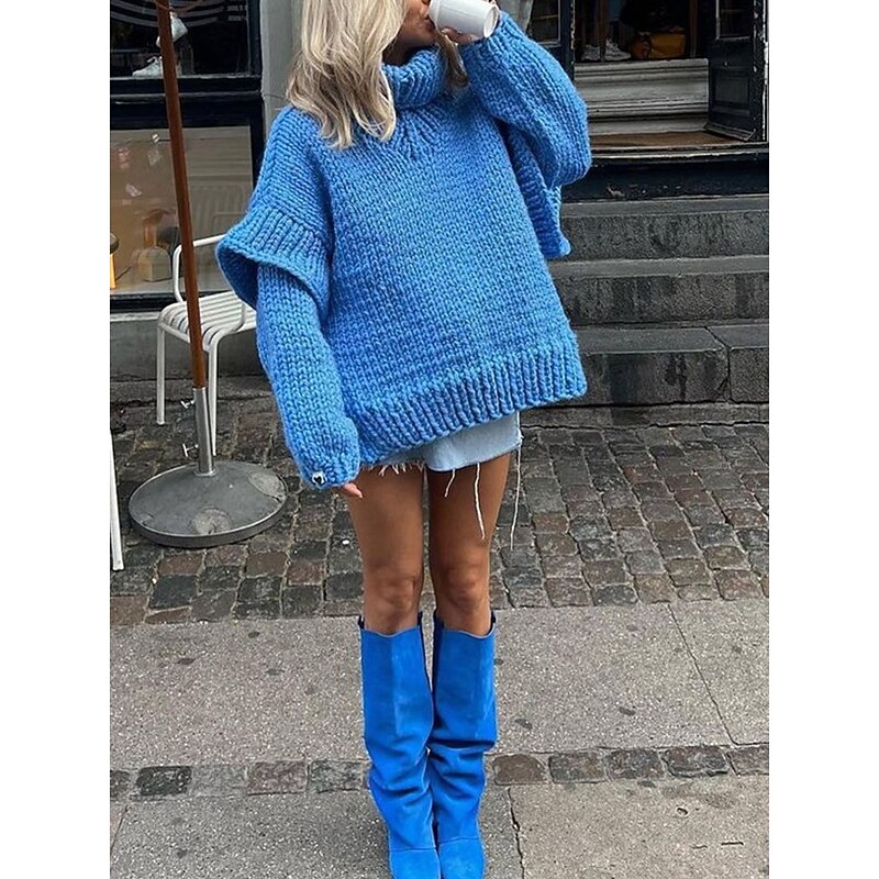 Women's Sweater Pullover Sweater Jumper Casual Soft Pure Color Ribbed Turtleneck Knitted Long Sleeve Regular Tops Knit Outdoor Daily Weekend White Blue Fall Winter3