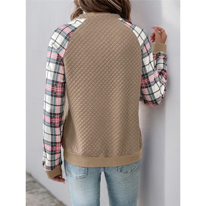 Women's Sweatshirt Casual Plaid Street Dailywear Crew Neck Zipper Print Long Sleeve Khaki Fall Winter2