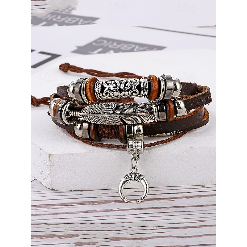 Men's Boho Multi-Layer Leather Bracelet with Feather and Crescent Moon Charm – Vintage-Inspired Adjustable Wrap Bracelet for Casual Style3