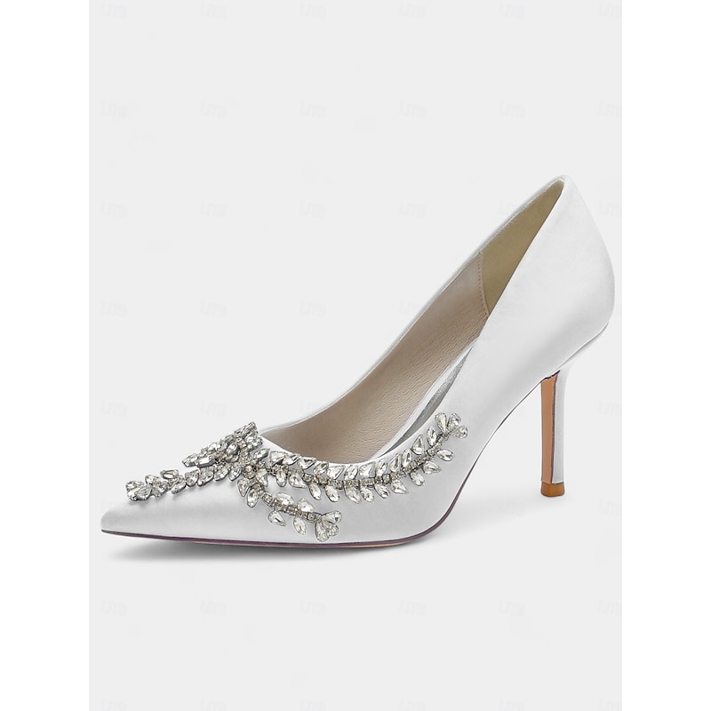 Women's Rhinestone-Embellished Satin Stiletto Heels – Elegant Pointed Toe Pumps for Evening Parties and Formal Events 9