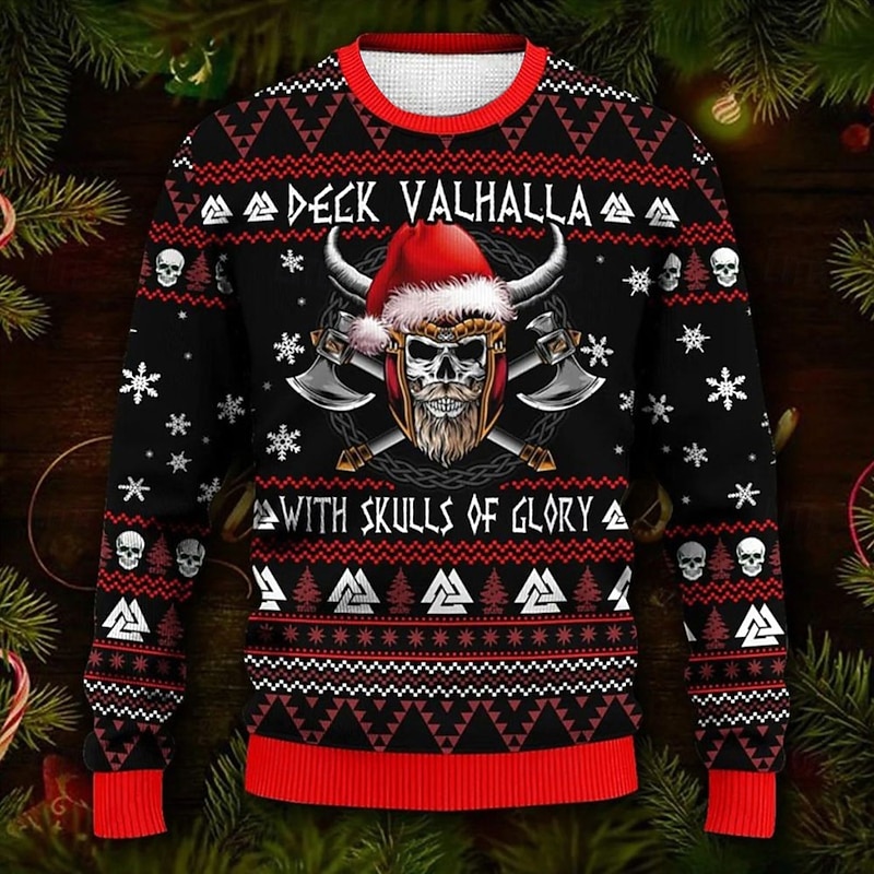 Ugly Christmas Sweater Men's Funny Sweaters Skull Letter Snowflake Gothic Print Knitting Pullover Jumper Knitwear New Years Eve Sweater Outdoor Daily Vacation Long Sleeve Wine Black Red Fall Winter