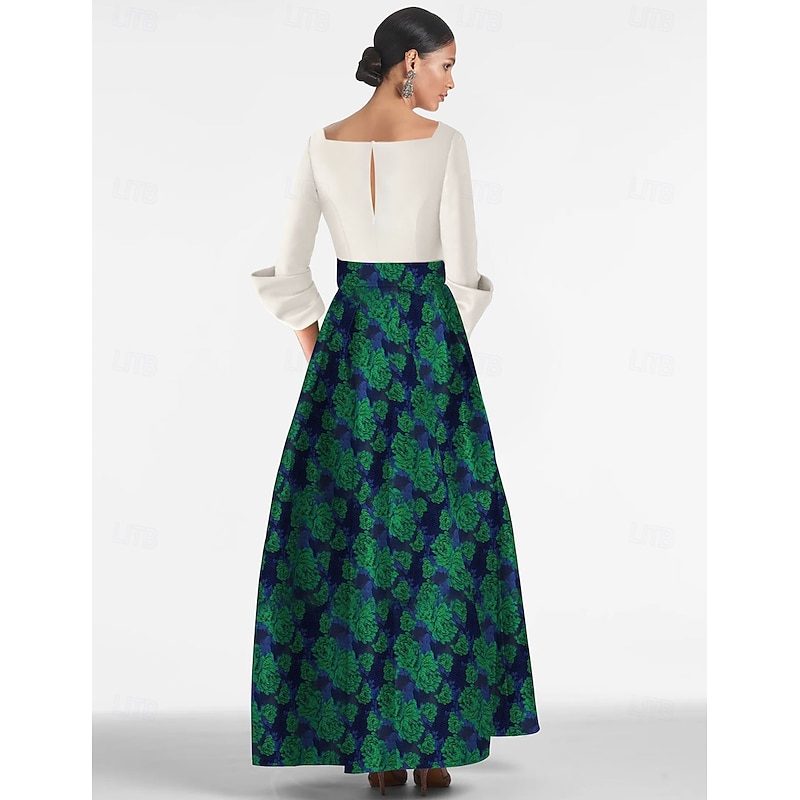 A-Line Evening Gown Brocade Floral Elegant Dress Formal Floor Length 3/4 Length Sleeve V Neck Pocket Satin with Print Wedding Guest Dress2