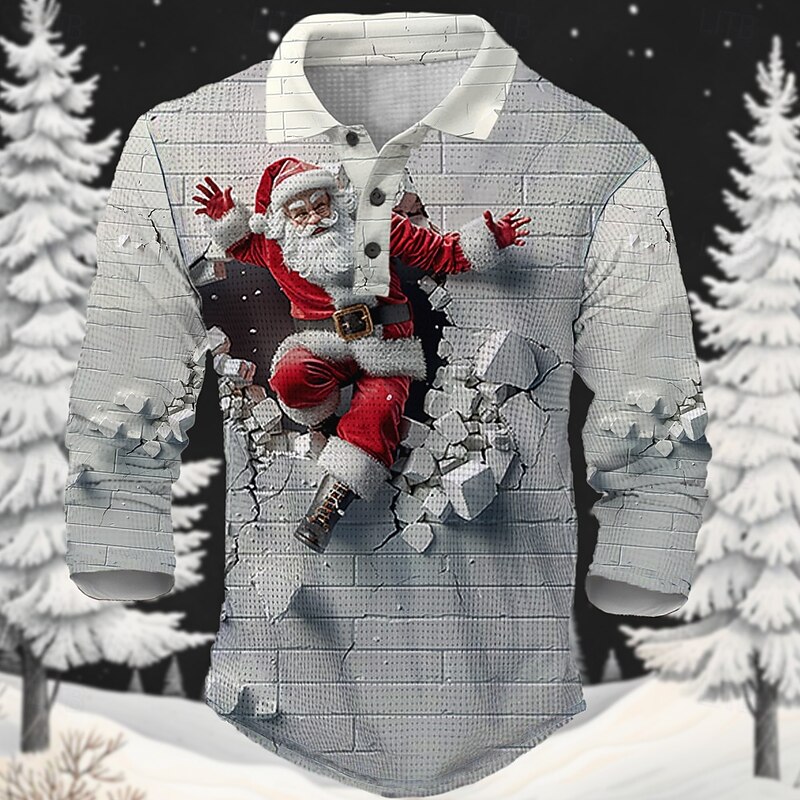 Christmas Men's Santa Claus 3D Polo Santa Claus Casual Funny Waffle Long Sleeve Party Evening Dailywear Vacation Spring Fall Winter Button 3D Print Collar White Pink Blue Micro-elastic Polyester